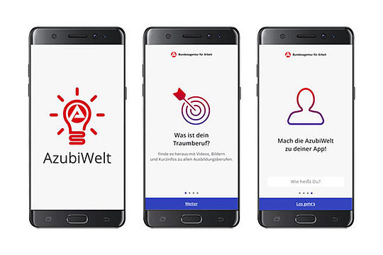 Drei Screenshots auf einem Smartphone-Bildschirm: AzubiWelt App Logo, Was ist dein Traumberuf, Mach die AzubiWelt zu deiner App.