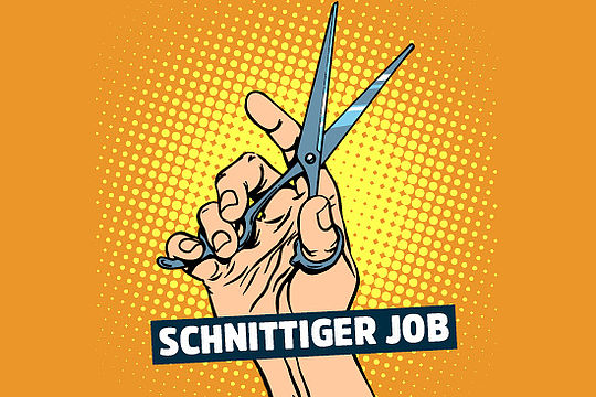 Bild im Comicstil: Hand mit Schere. Text: „Schnittiger Job.“