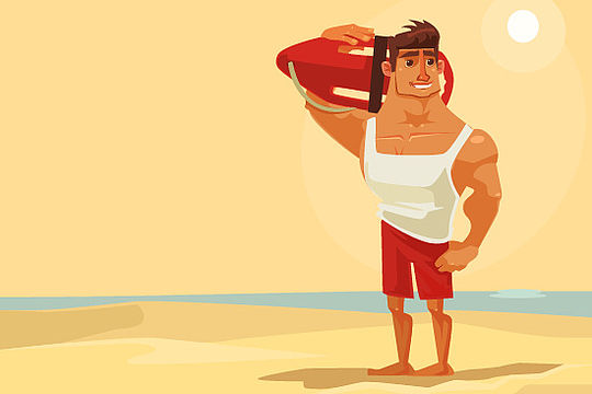Zeichnung: Ein muskulöser Mann in kurzer Hose und Shirt steht am Strand. Er hält eine Rettungsboje.