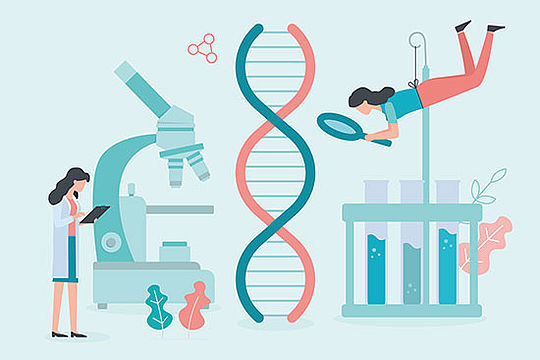 Illustrierte Collage: Frau mit Notizblock, Mikroskop, DNA-Strang, Frau mit Lupe, Reagenzgläser.