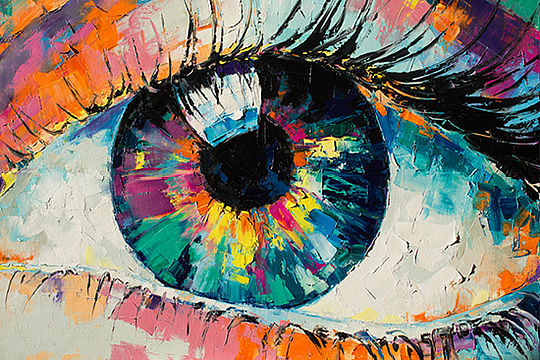 Nahaufnahme: Ein großes gemaltes Auge, offen, mit Blick in die Pupille.